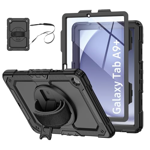 Schutzhülle für Samsung Galaxy Tab A9+ Plus 2023, robuste Vollschutzhülle mit integriertem Displayschutz, 360° drehbarer Ständer, verstellbarer Schultergurt von SANDUODD