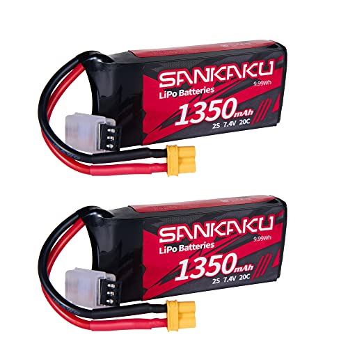 SANKAKU 2S Lipo 1350mAh 20C 7,4V Lithium-Polymer Batterien mit Stecker XT30 für RC Flugzeug Quadrocopter Hubschrauber Drohne FPV (2 Stück) von SANKAKU