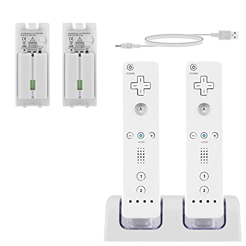 SANON Ladestation für Wii Fernbedienung, 2-in-1 Controller Ladestation für Wii 2 Port Ladegerät mit 2 Wiederaufladbaren Akkus & LED-Anzeige (Weiß) von SANON