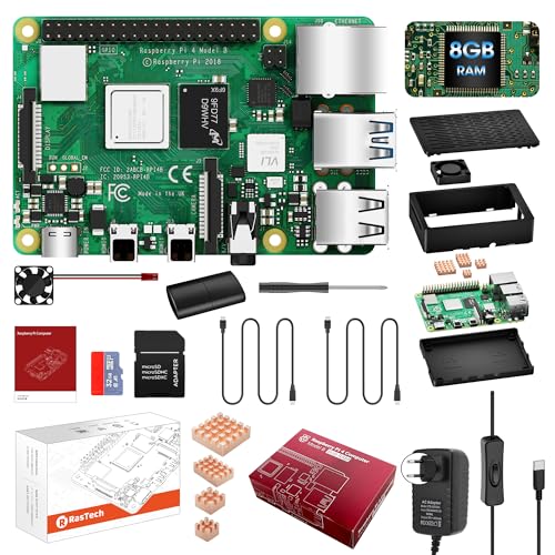 RasTech Raspberry Pi 4 8GB Starter Kit Raspberry Pi 4 b+ 8GB mit 32GB SD Karte 4 Kupfer Kühlkörper 2 HDMI Kabel 5.1V 3A Schalter ABS Gehäuse Kühlventilator von SANOOV