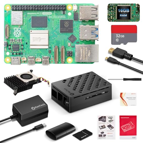 RasTech Raspberry Pi 5 16GB Starter Kit mit 32GB Card Pi 5 Gehäuse mit Active Cooler Kartenleser Kartenadapter Schraubendreher 1X HD Out Kabel und USB C Netzteil RasTech Raspberry Pi 5 16GB Starter Kit mit 32GB Card Pi 5 Gehäuse mit Active Cooler Kartenleser Kartenadapter Schraubendreher 1X HD Out Kabel und USB C Netzteil von SANOOV