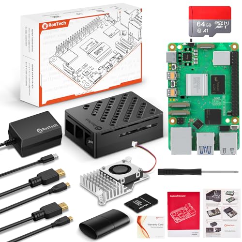 RasTech Raspberry Pi 5 4GB Starter Kit mit 64GB SD Card Pi 5 Gehäuse mit aktivem Kühler Kartenleser Kartenadapter 2X HDMI Kabel und USB C Netzteil von SANOOV
