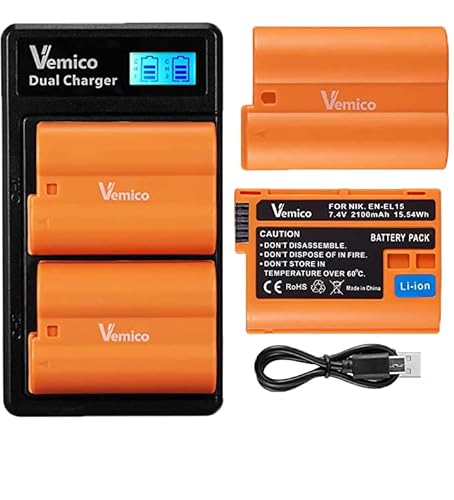 Vemico EN-EL15 EN-EL15A Akku Ladegerät Kit 2 Pack 2100mAh Ersatzakkus Typ C LCD Dual Ladegerät für Nikon D750/D7500/D850/D810/D810A/D800/D800E/D7200/D500/D610/D600 (Vollkompatibel mit Orginal) von SANOOV