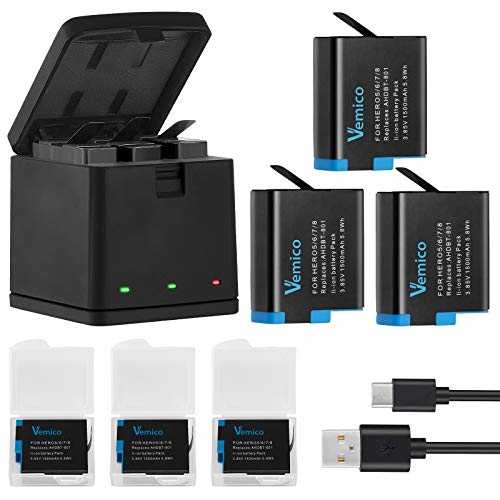 Vemico Hero 8 Akku Ladegerät Kit 3 Pack 1500 mAh ErsatzAkku 3 Kanal Ladebox Typ-C USB Mit Einem Schutzdeckel Ladegerät für Hero 8/Hero 7/Hero 6/Hero 5/AHDBT-801 (Vollkompatibel mit Orginal) von SANOOV