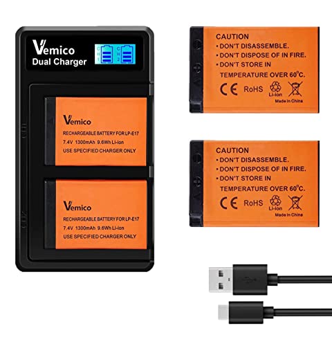 Vemico LP-E17 Akku Ladegerät Kit 2 Pack 1300mAh Ersatzakkus Typ C LCD Dual Ladegerät für Canon EOS 77D/200D/750D/760D/800D/8000D/M3/M5/M6/Rebel T7i/Rebel SL2/Rebel T6i (Vollkompatibel mit Orginal) von SANOOV