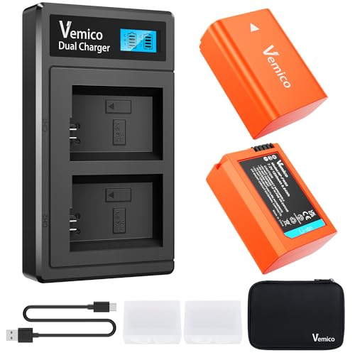 Vemico NP-FW50 Akku Ladegerät Kit 2 Pack 1200mAh Ersatzakkus Typ C LCD Dual Ladegerät für Sony ZE-V10 Alpha A6000, A6400, A6300, A6500, A7II, A7RII, A7SII, A7S2, A7R, A7R2, A55, RX10 Kamera von SANOOV