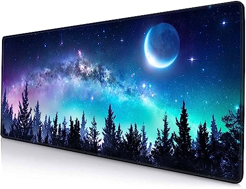 SANWUMIAN Großes Gaming-Mauspad mit genähten Kanten, Galaxy-Schreibtischmatte, erweitertes Tastaturpad, rutschfeste Gummiunterseite, 31.5x29.8 cm, Mond Sternenhimmel von SANWUMIAN
