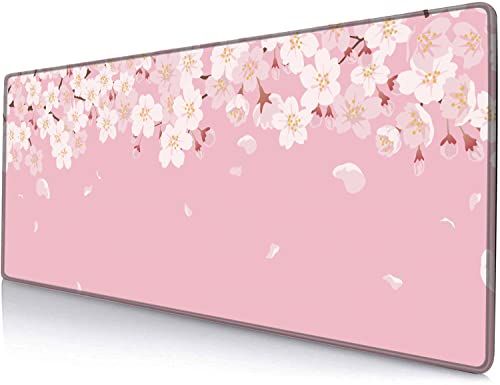 SANWUMIAN Großes japanisches rosa Kirschblumen-Mauspad, XXL erweiterte Computer-Tastatur, langes Mauspad, rutschfeste Gummiunterseite mit genähtem Rand, 31.5x11.8 cm von SANWUMIAN