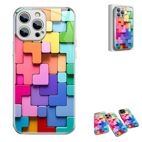 Flat 3D Square Pattern Glass Case Cover for iPhone, Cool Colorful Phone Case, for iPhone 11 12 13 14 15 Pro Max (for iPhone 14Pro,Silver) von SARUEL