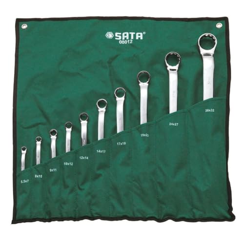 SATA ST08012 Doppelringschlüssel, Ringschlüssel, Schraubenschlüssel Set metrisch 5.5-32 mm gekröpft und poliert aus CR-V-Stahl in praktischer Roll-Tasche 10 Tlg. von SATA