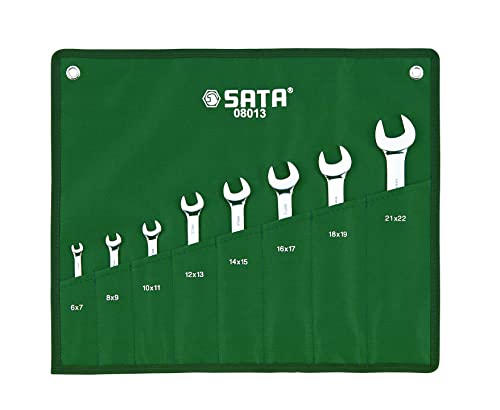 SATA ST08013 Doppelmaulschlüssel, Gabelschlüssel, Maulschlüssel, Schraubenschlüssel Set metrisch 6-22 mm poliert aus CR-V-Stahl in praktischer Roll-Tasche 8 Tlg. von SATA
