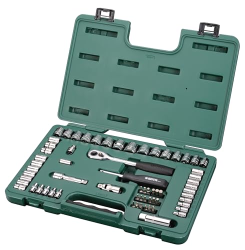 SATA ST09011SJ Steckschlüsselsatz, Knarrenkasten, Ratschenkasten 1/4"/6,35 mm und 3/8"/ 9,525 mm 65 Tlg. von SATA