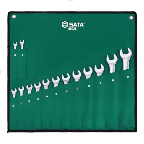 SATA ST09026SJ Ringmaulschlüssel, Gabelringschlüssel, Gabelschlüssel, Schraubenschlüssel Set metrisch 8-24 mm poliert aus CR-V-Stahl in praktischer Roll-Tasche 14 Tlg. von SATA