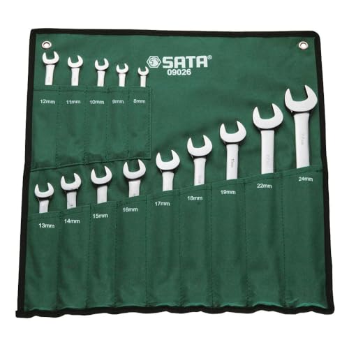 SATA ST09026SJ Ringmaulschlüssel, Gabelringschlüssel, Gabelschlüssel, Schraubenschlüssel Set metrisch 8-24 mm poliert aus CR-V-Stahl in praktischer Roll-Tasche 14 Tlg. von SATA