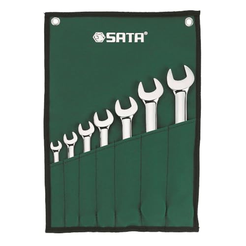 SATA ST09070SJ Ringmaulschlüssel, Gabelringschlüssel, Gabelschlüssel, Schraubenschlüssel Set metrisch 8-19 mm poliert aus CR-V-Stahl in praktischer Roll-Tasche 7 Tlg. von SATA