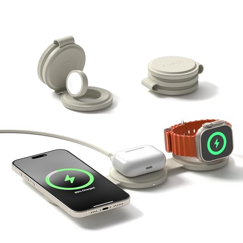 SATECHI OnTheGo 3-in-1 Qi2-Reiseladegerät mit 15W Schnellladung für iPhone, 5W für Apple Watch und 5W für AirPods, Kabelloses magnetisches MagSafe Ladegerät – Sand von SATECHI