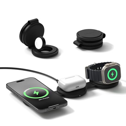 SATECHI OnTheGo 3-in-1 Qi2-Reiseladegerät mit 15W Schnellladung für iPhone, 5W für Apple Watch und 5W für AirPods, Kabelloses magnetisches MagSafe Ladegerät – Schwarz von SATECHI