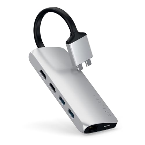 SATECHI Typ-C Dual-Multimedia-Adapter mit Dual 4K HDMI, USB-C PD, Gigabit Ethernet, Micro/SD-Kartenleser, USB 3.0 – Für M2/M1/M4 MacBook Pro/Max (Silber) von SATECHI