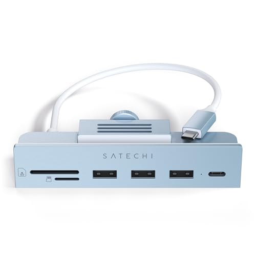 SATECHI Klemmen-Hub USB-C, USB-C Datenport, USB-A 3.0 Datenports, Micro/SD-Kartenleser, für Apple Studio Display und 24-Zoll iMac M1 2021. Nicht kompatibel mit 2020 und früheren iMac Modellen (Blau) von SATECHI