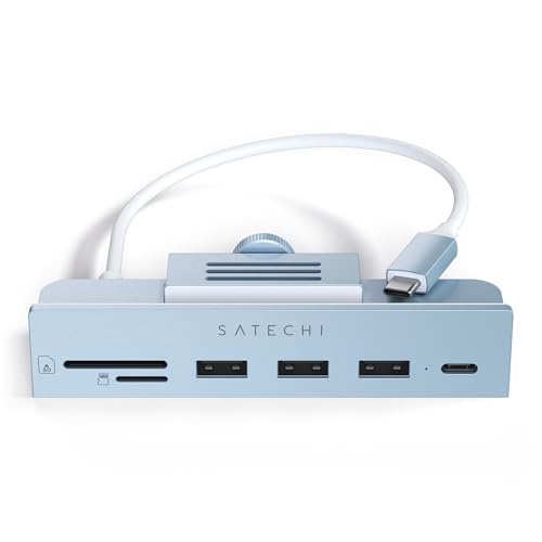 SATECHI USB-C Clamp Hub – USB-C Datenport, USB-A 3.0 Daten, Micro/SD Kartenleser – Für Apple Studio Display und 2021 iMac M1 24 Zoll. Passt Nicht für 2020 iMac und frühere Modelle (Blau) von SATECHI