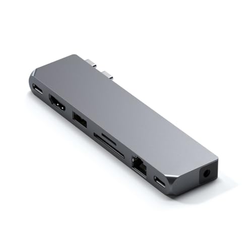 SATECHI USB-C Hub Multiport Adapter Pro Hub Max – USB4, USB-A Daten, USB-C Daten, Gigabit Ethernet, SD/Micro SD Port und Audio Jack – Für M2/ M1 MacBook Pro/Air (Space Grau) von SATECHI