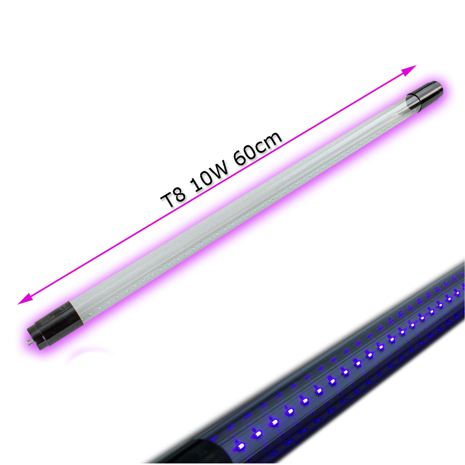 UV60-DP - UV LED Schwarzlichtröhre 60cm - 10W - T8 - für LED Fassungen von SATISFIRE