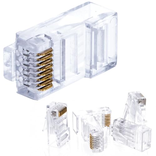 SATMAXIMUM Cat5e RJ45 Modularstecker, 8P8C UTP Ethernet-Crimpverbinder, solide oder verseilte Kabelenden, vergoldete Kontakte (100 Stück) von SATMAXIMUM