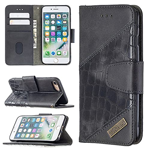 SATURCASE Schutzhülle für Apple iPhone 7 8 SE 2020, Krokodil-Muster, PU-Leder, Flip Doppel-Magnet-Brieftasche, Ständer, Kartenfächer, Schutzhülle für Apple iPhone 7 8 SE 2020 (schwarz) von SATURCASE