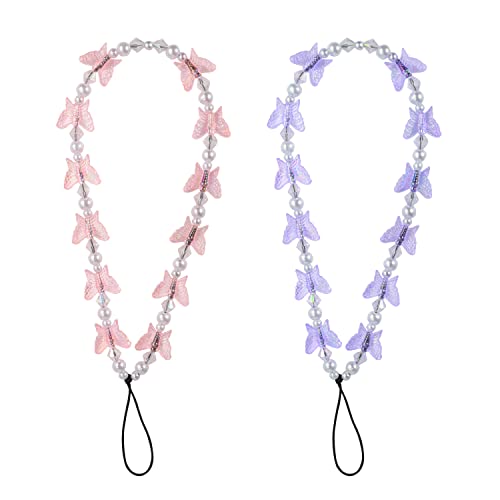 2St Perlen Bead Telefonkette, Kristallschmetterling Handykette Perlen Phone Charm Strap Perlenbesetztes Handykette Handy Straps für Telefon Schlüsselanhänger für Frauen Mädchen (Purpur, Rosa) von SAVITA