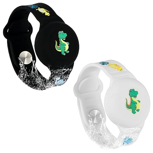 SAVITA Armband für Airtag - Dinosaurier Cartoon Muster Silikon Armband für Kinder, Kleinkinder und Ältere Menschen - GPS Tracker Hülle zum Verstecken (Schwarz, Weiß) von SAVITA
