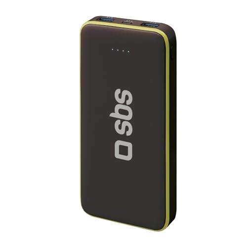 SBS 10.000 mAh Powerbank gelb und schwarz Schnellladung mit ON/Off-Taste, 10 W tragbares Ladegerät für Smartphone, Tablet und eBooks, 2 USB-A-Anschlüsse, 1 USB-C-Anschluss, inklusive Ladekabel von SBS