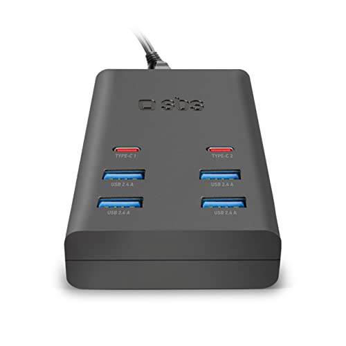 SBS 37 Watt Fast Charge Ladestation Power Delivery Schnellladung Dockingstation für Smartphone, Tablet, TWS-Kopfhörer, Lautsprecher, Kindle, e-Reader mit 4 USB-A und 2 USB-C Ausgängen von SBS