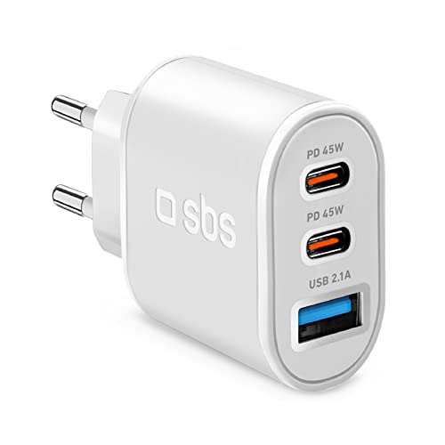 SBS 55W Schnellladegerät für iPhone, Samsung Oppo, Xiaomi, Tablet, Laptop, Wandladegerät mit 2 USB-C und 1 USB-A, Weiß von SBS