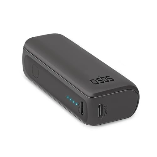 SBS Kompakte Powerbank, 5000 mAh, tragbares Ladegerät, 10 W, Schnellladung, Ladegerät für Android-Smartphones und iPhones, Flugzeug, 1 USB-C-Anschluss und 1 USB-A, inklusive Ladekabel von SBS