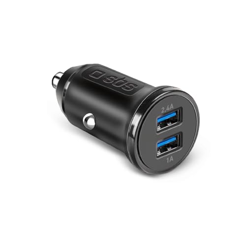 SBS Mini-Autoladegerät, 12 W Schnellladung, Intelligence Charge (IC), Status-LED, 2X USB-A, 12-V-Buchse, Akku-Ladegerät für iPhone, iPad, AirPods, Samsung, Smartphone, Tablet, Schwarz von SBS