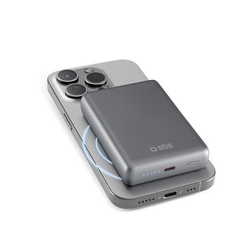 SBS PowerBank 10K MagSafe, 10.000 mAh Power Delivery 20 W, 15 W kabelloses Laden, magnetisch, Status-LED, USB-C, Ladegerät für iPhone, iPad, AirPods, Samsung, Tablet, Smartphone, graues Aluminium von SBS
