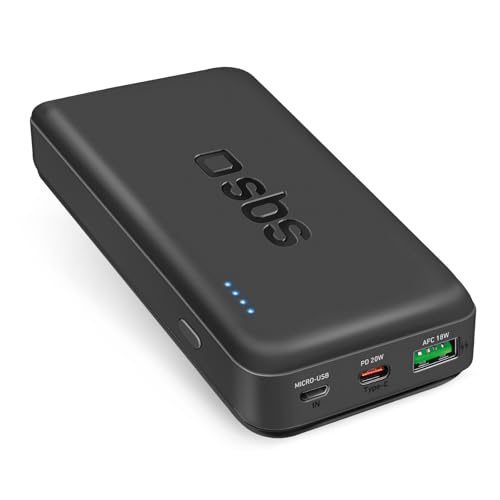SBS PowerBank 20K Fast, 20.000 mAh Power Delivery, 20 W Schnellladung, Adaptive Fast Charge (AFC), Status-LED, USB-C, USB-A, Ladegerät für iPhone, iPad, AirPods, Samsung, Tablet, Smartphone von SBS