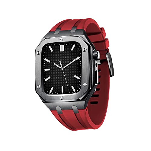SCHIK Militärisches Metallgehäuse für Apple Watch Serie 7, SE, 6, 5, 4, Metall-Schutzhülle mit Silikonband, stoßfest, 45 mm, 44 mm (Farbe: Schwarz / Rot, Größe: 45 mm für 7) von SCHIK
