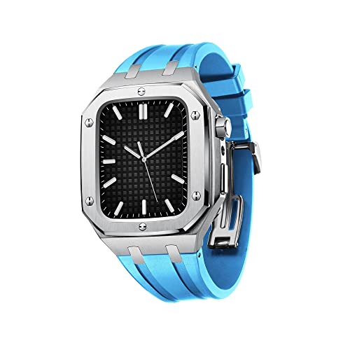 SCHIK Militärisches Metallgehäuse für Apple Watch Serie 7, SE, 6, 5, 4, Metall-Schutzhülle mit Silikonband, stoßfest, 45 mm, 44 mm (Farbe: Silber, Himmelblau, Größe: 44 mm für 6/5/4/SE) von SCHIK