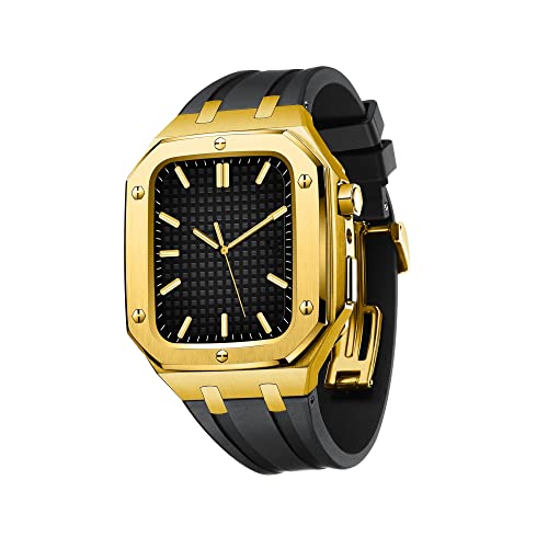 SCHIK Militärisches Metallgehäuse für Apple Watch Serie 7, SE, 6, 5, 4, Metall-Schutzhülle mit Silikonband, stoßfester Stoßfänger, 45 mm, 44 mm (Farbe: Gold, Schwarz, Größe: 45 mm für 7) von SCHIK