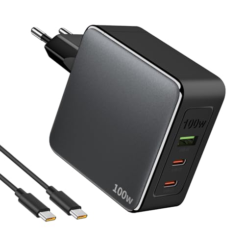 100W USB C Ladegerät 3-Ports 2C+1A GaN für MacBook Pro/Air Stecker Tragbarer Reisen Handy Ladestecker mit 1M 100W USB-C zu C Ladekabel,Schnellladegerät Laptop,Netzteil PD PPS Fast Charger von SCHITEC