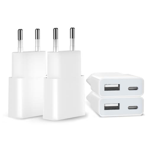 5W USB Ladegerät, 4Pack 5V 1A 2 Port USB C+ USB A Netzteil Stecker, Slim USB Netzstecker Adapter Steckdose Ladestecker für iPhone, Samsung Handy,MP3, eBook Reader und Mehr (Weiß-4Pack) von SCHITEC