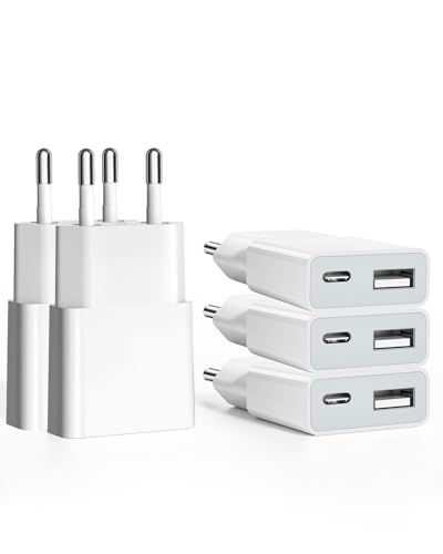 USB Ladegerät 5W Slim Ladestecker Netzteil 5V 1A 2Port USB C+ USB A Netzstecker Adapter, Steckdosenadapter für iPhone,eBook Reader, Xperia, MP3, Smartphone（Weiß） (Thickness 1.45cm/5packs) von SCHITEC