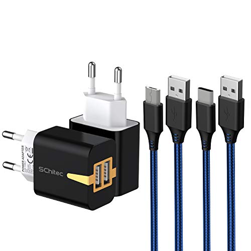 SCHITEC USB Ladegerät Netzteil 2 Port, 2 Pack USB Stecker/Ladeadapter mit 2 M Micro Ladekabel & USB C Kabel für Samsung Galaxy S9 S8 S7 S6 Huawei Mate 20 LG G5 G6 Tablet Kindle und mehr von SCHITEC