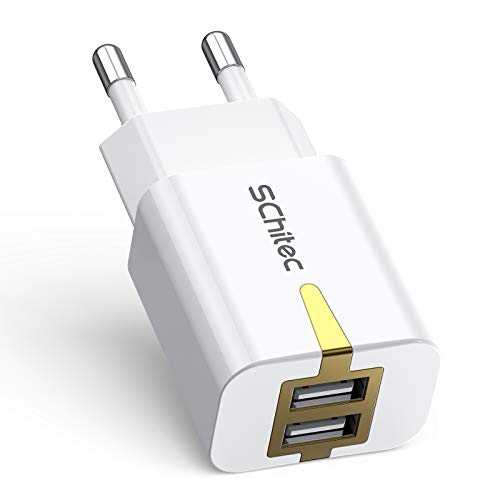 SCHITEC USB Ladegerät Stecker, 2 Port Netzteil 5V / 2.1A Ladeadapter, Tragbar Wall Charger Netzstecker für iPhone 11 X 8 7 Samsung Galaxy S10 S9 S8 Huawei LG Tablet (Weiß) von SCHITEC