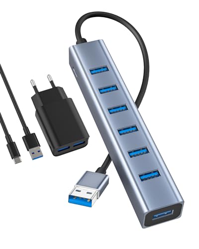 USB 3.0 Hub 7-Port Multi Port Adapter 5Gbps mit 5V/2A Netzteil Stecker +1M USB Kabel kompatibel mit MacBook, PS4, Surface Pro, Flash Drive, Mobile HD von SCHITEC