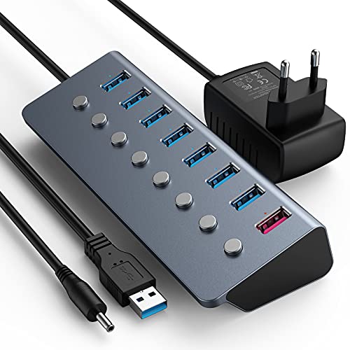 USB 3.0 Hub Aktiv 8 Ports, USB Verteiler Adapter Mit Netzteil 5V 3A, Schnellladegerät Datenhub mit EIN/Aus und LED Anzeigen für MacBook Air/Pro, Dell, Microsoft, Windows Laptop PC von SCHITEC