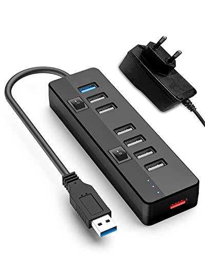 USB 3.0 Hub Aktiv mit Netzteil 10W(5V/2A), 1 Port USB 3.0+ 6 Port USB 2.0 Datenübertragung + 1 Schnellladeanschluss USB Splitter Adapter, USB 2.0 Mehrfach Ports Verteiler mit Schalter und LED von SCHITEC