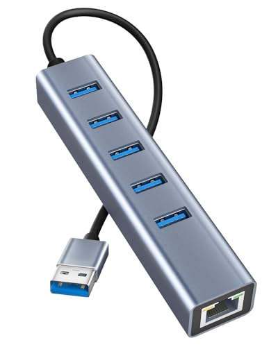 USB auf Ethernet Adapter 6 in 1 Aluminium USB Ethernet Adapter mit RJ45 1000Mbps Netzwerkadapter + 5 USB 3.0 Ports für MacBook Pro, Surface Pro, XPS (U-0051) von SCHITEC