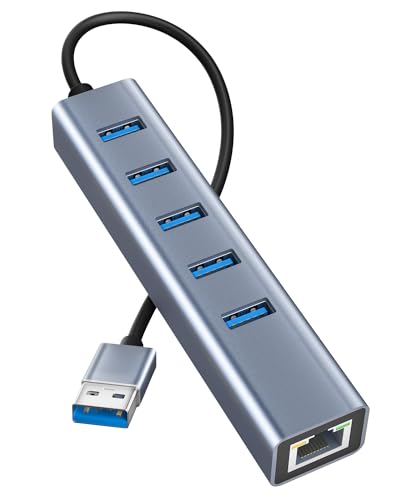 USB auf Ethernet Adapter 6 in 1, Mini Aluminium USB Hub 5Gbps Datenhub mit RJ45 1000M Netzwerkadapter + 5 USB 3.0 Ports für MacBook Pro,USB Flash Drives von SCHITEC